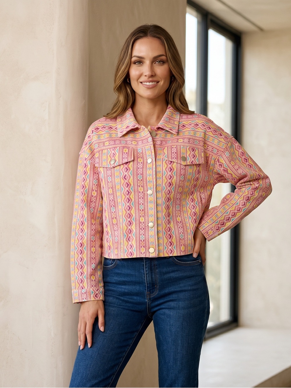 Savanna Jane Pink and Yellow Geometric Jean Jacket with Fringe Embellishments